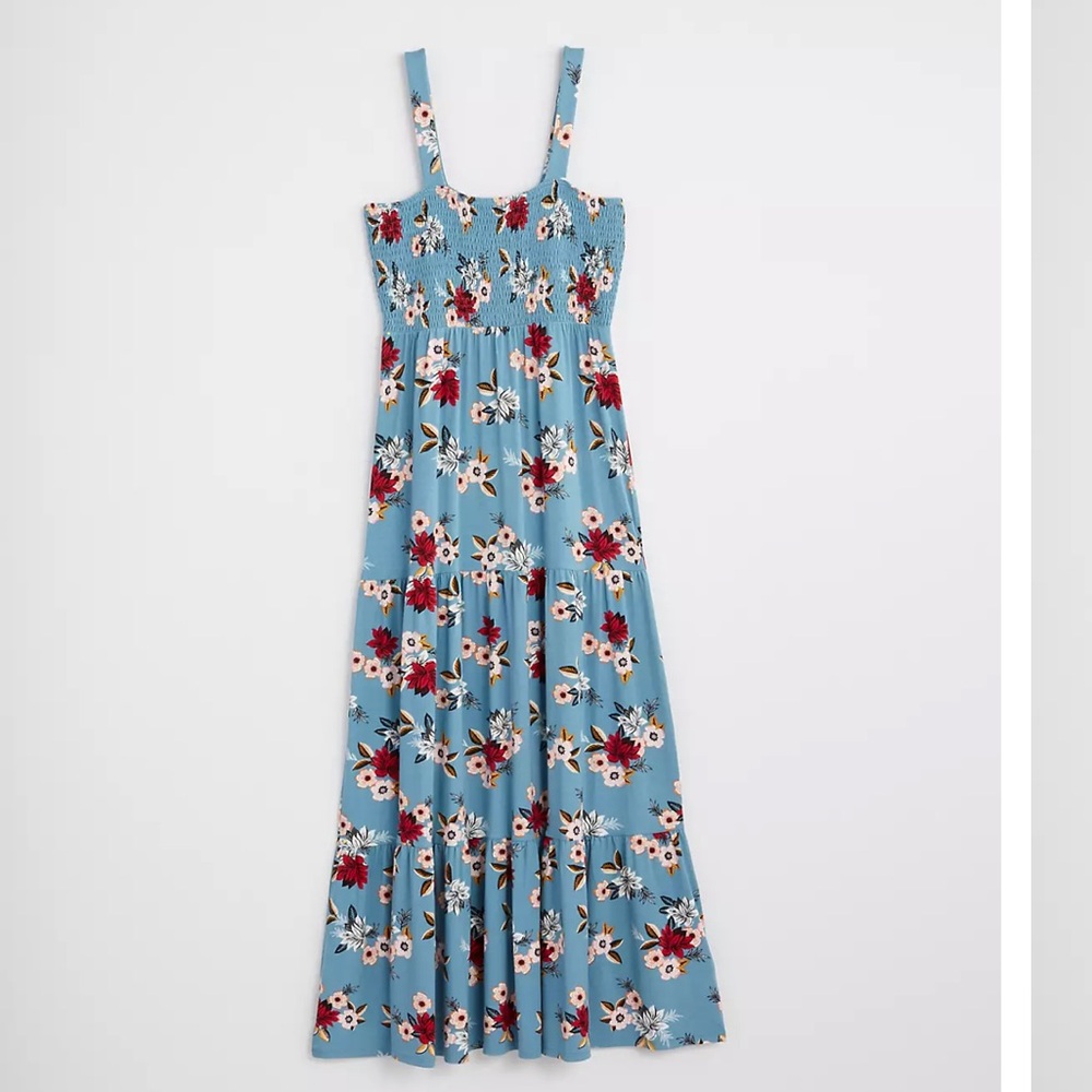 LOFT Summer Dress - Blue Floral Smocked Maxi – Size L
